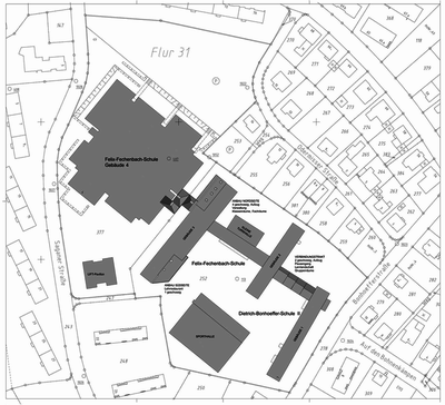 Das Gelände des Berufskollegs „Felix Fechenbach“ und „Dietrich Bonhoeffer“ (ohne Maßstab).