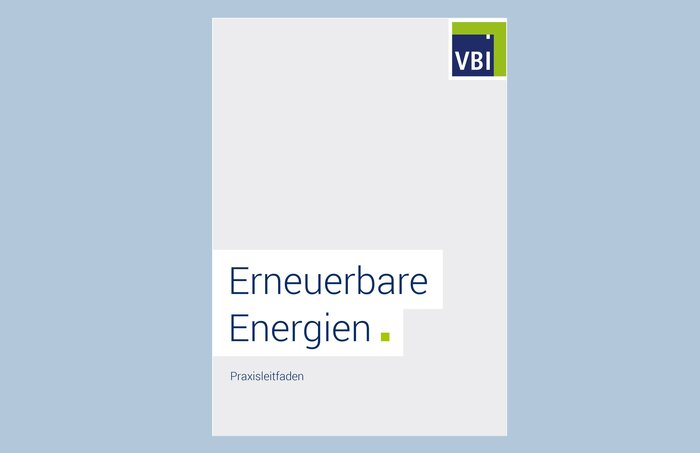 Cover Leitfaden "Erneuerbare Energien": blauer Schriftzug vor grauem Hintergrund