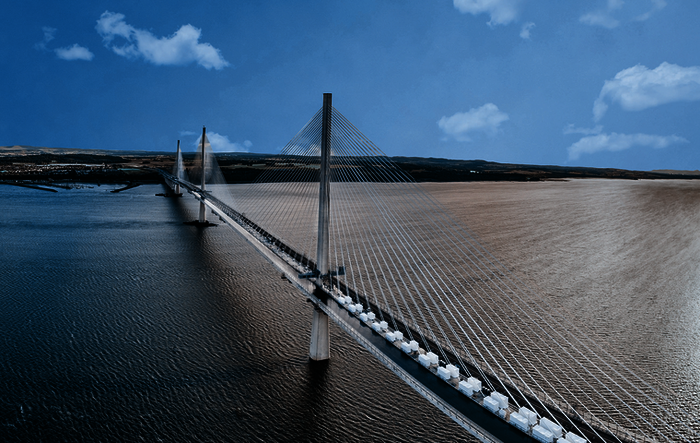 Ein Jahrhundertbauwerk nahe Edinburgh – die Queensferry Crossing. Eine 2.094,5 Meter lange Schrägseilbrücke mit drei bis zu 210 Meter hohen Pylonen.