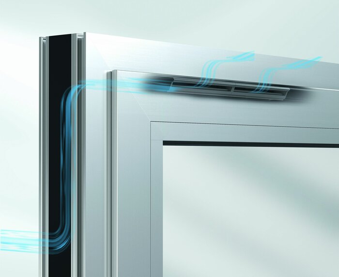 Das Prinzip des mechanischen Fensterfalzlüfters Schüco VentoAir basiert auf dem Druckdifferenzausgleich zwischen außen und innen
