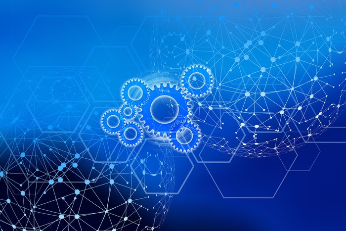 Grafik: blau verlaufender Hintergrund, davor Rädchen, Waben und Netzwerkknoten als Symbol für Digitalisierung