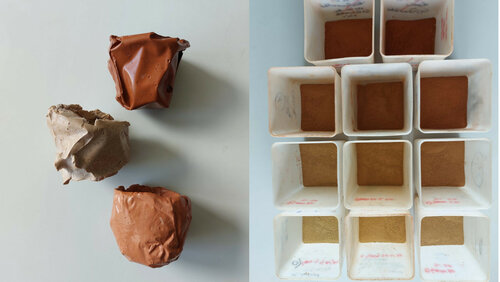 Geopolymer mit glänzender Textur (links); Vorbereitung der unterschiedlichen Ökozementrezepturen (rechts)