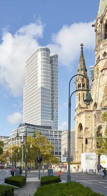 Die Außenfassade des Upper West im Westen von Berlin wirkt durch seine subtilen Verschiebungen aus dem Gleichgewicht geraten. Hörmann lieferte Stahl- und Aluminium-Brandschutztüren.