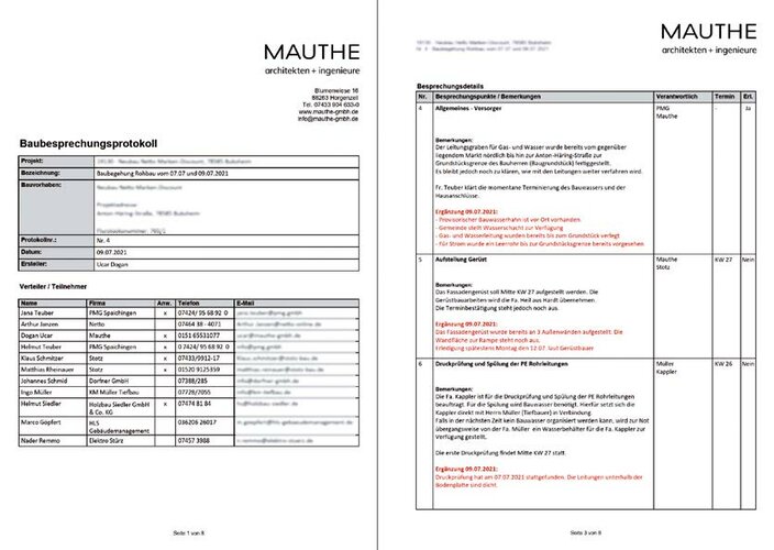 Bautagebuch: Details von Besprechungen 