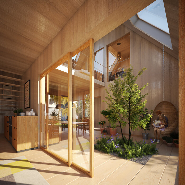 Gebäude aus Holz mit bodentiefen Fenstern