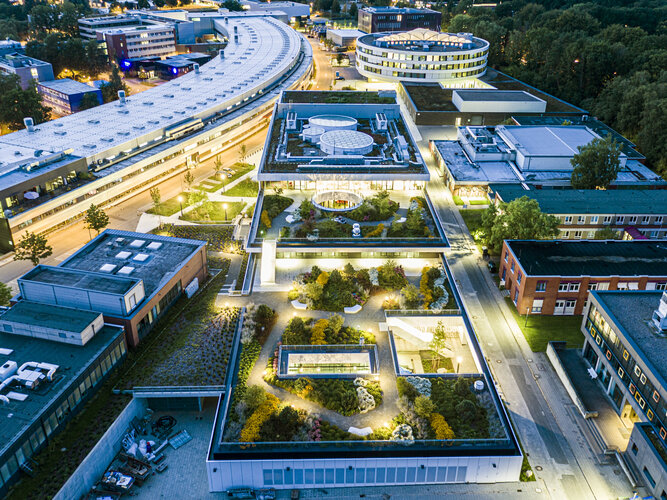 Vogelperspektive in der Dämmerung: Gebäude Max-Planck-Institut für Struktur und Dynamik der Materie in Hamburg 