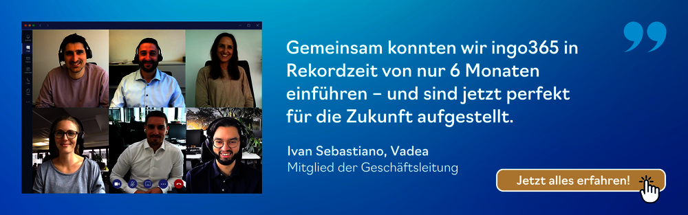 Microsoft-Teams-Meeting des Kernteams von Vadea und newvision: Effiziente Zusammenarbeit führte zu termingerechtem und budgetkonformen Go-Live der Business-Lösung ingo365. 
