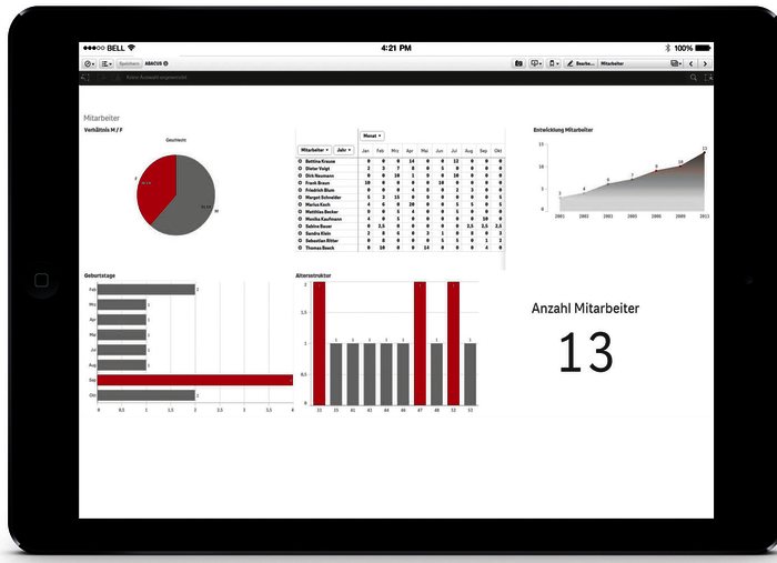 Für eine uneingeschränkte mobile Analyse stehen mit dem ABACUS Business Intelligence Tool auch auf dem Tablet vielfältige Auswertungsmöglichkeiten zur Verfügung.