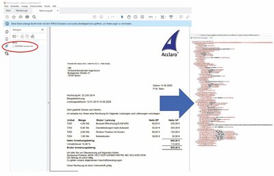 Die elektronische ZUGFeRD-Rechnung besteht aus einem Sichtdokument (z. B. PDF) und einem Datensatz (→).