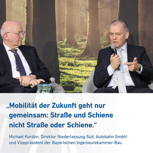Dr.-Ing. Heinrich Bökamp, Präsident der Bundesingenieurkammer (l.) und Michael Kordon, Direktor Niederlassung Süd, Autobahn GmbH und Vizepräsident der Bayerischen Ingenieurkammer Bau (r.) bei der Podiumsdiskussion "Mobilität der Zukunft" auf der Messe BAU 2023