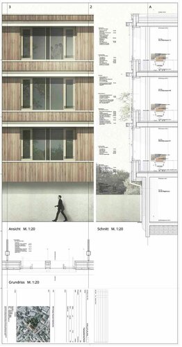Fassadenschnitt in SPIRIT gezeichnet, Passivhaus für Finanzamt München.