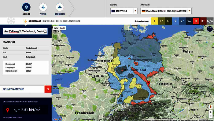 Neues Tool zur Ermittlung von Schneelast-, Wind- und Erdbebenzonen
