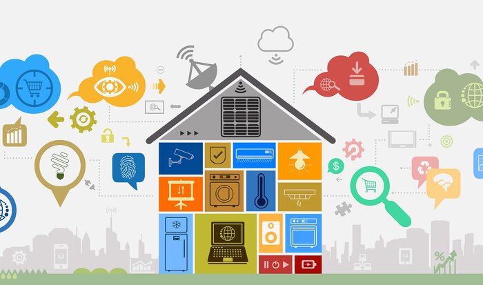 grafische Darstellung eines Hausquerschnittes mit vielen bunten Icons und Symbolen zur Haustechnik