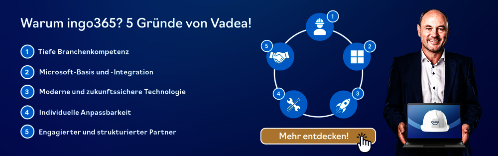 Infografik – 5 Gründe für die Business-Software ingo365 aus der Sicht des Ingenieurbüros Vadea 