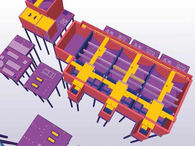 Ansichten auf ein Betonbauwerk der Wasseraufbereitung in Tekla Structures sowie auf der Baustelle.