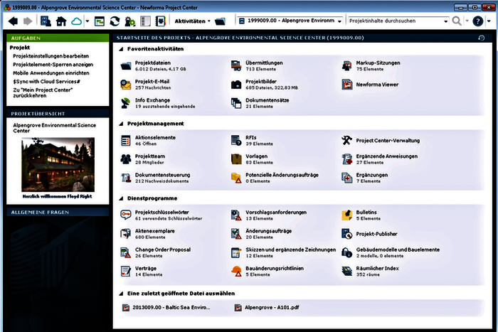 Projektübersicht (ProjectHome): Bei einer Projekt-Informations-Management- Lösung wie Newforma Project Center werden Projektdaten auf einem eigenen Server im Hause in einer privaten Cloud-Lösung abgespeichert.