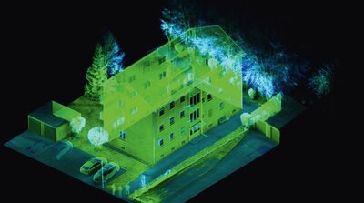 Nachdem die Fassade gescannt ist, liefert der Sto Klimaservice ein Punktwolken-Bild vom Gebäude. In kurzer Zeit liegen hochpräzise Daten für die Sanierungs-Planung vor. Bild: Sto SE & Co. KGaA