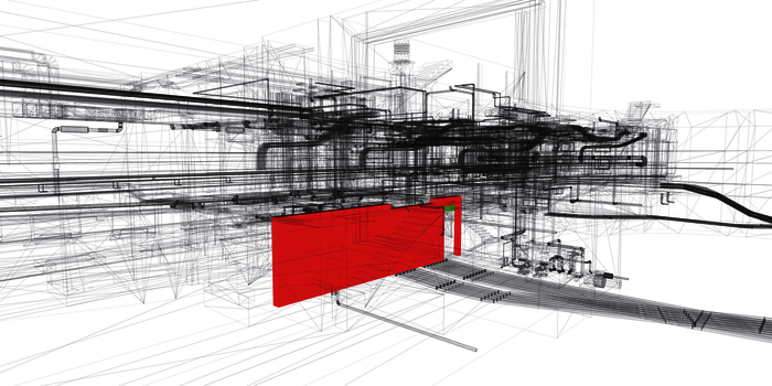 Abb. 1: Kollisionsprüfung zwischen TGA und Gebäude mit AutoDesk Navisworks.