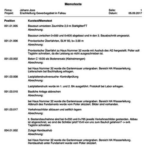 Memotext mit Filter Abrechnung