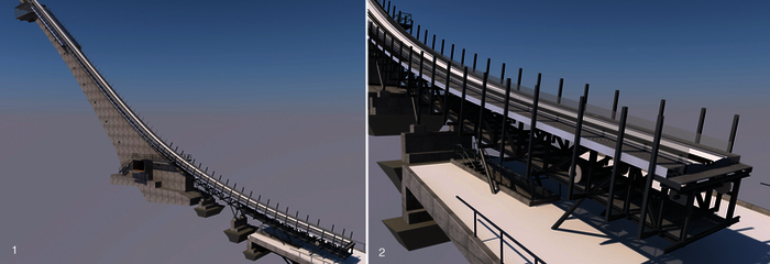 Die Skiflugschanze, die Hans-Martin Renn für Oberstdorf plante, verknüpft die Teilplanungen von Statik, Stahlbau und Entwurfsidee im BIMGesamtmodell.