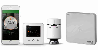 Das Heizungsregelungssystem „Wiser“ setzt sich aus vier Komponenten zusammen: (re. n. li.) Hub (Gateway) als Systemcontroller, Heizkörper- und optionalen Raumthermostaten sowie App.