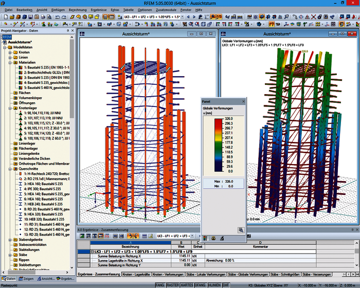 Für die Berechnung des Aussichtsturmes wurde in RFEM ein räumliches Stabwerksmodell der gesamten Struktur erstellt.