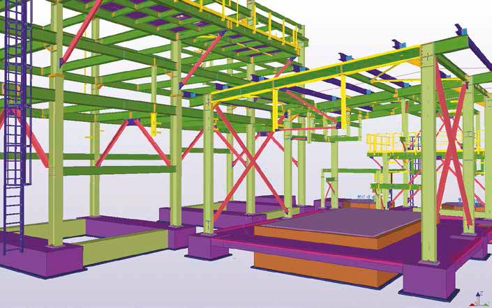 Ansicht einer Rohrbrücke (links) sowie einer kleineren, überdachten Anlagenstruktur (rechts) in Tekla Structures – hier noch ohne Dacheindeckung.