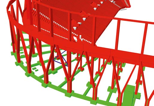 Konstruktive Herausforderung: Die eigenwillige Ausrichtung der Dachstützen zu den Tribünenbalken erfordert eine knifflige Y-förmige Geometrie.