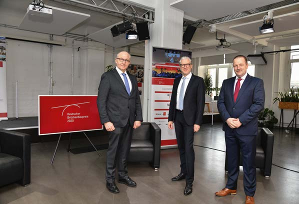 Die Köpfe des Brückenbaupreises: Für die Bundesingenieurkammer Präsident Dr.-Ing. Heinrich Bökamp, für den VBI Präsident Jörg Thiele und für das BMVI Prof. Dr.-Ing. Gero Marzahn, zugleich Juryvorsitzender des Brückenbaupreises 2020 (v. l. n. r.)