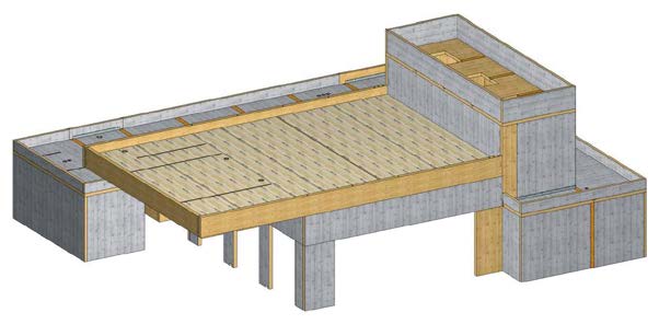 Isometrie des Tragwerks aus Brettsperrholz-Platten und -Scheiben sowie BS-Holz-Attikaträgern für das weit auskragende Dach. (Die freistehende Wand vor dem Kapellenraum ist hier nicht dargestellt.)