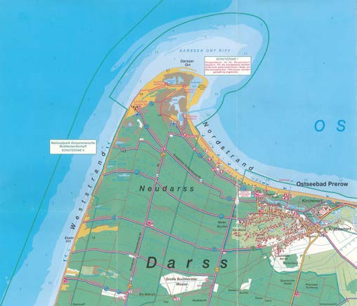 Einst stand der Leuchtturm Darßer Ort an der Spitze der Halbinsel Zingst. Mittlerweile ist diese fast 1000 m nach Norden bzw. Nordosten gewandert und bildet einen Haken.