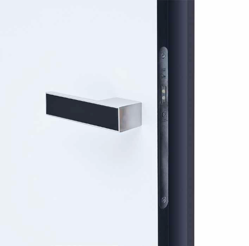 Designtür „Planar“ mit passendem Drücker „Frame“ mit Inlay in der Farbe des Türfalzes.