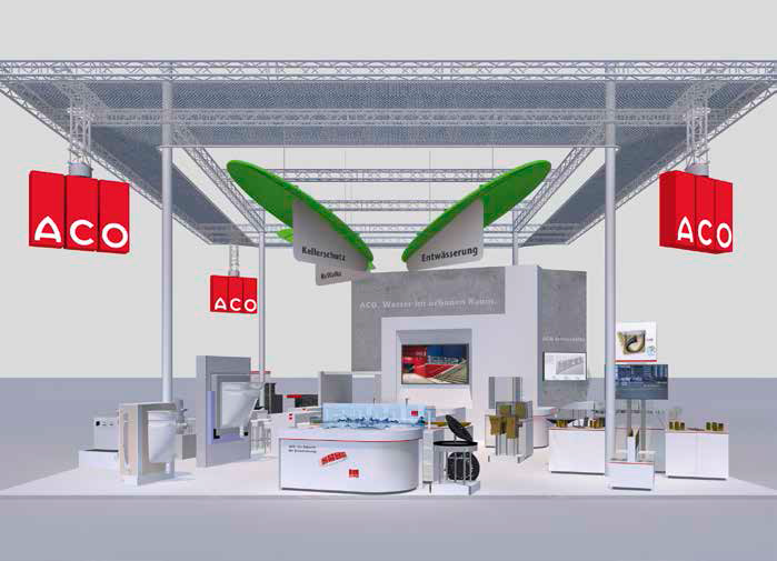 Auf dem Messestand wird die ACO-Gruppe mit den Vertriebssparten ACO Hochbau und ACO Tiefbau verschiedene Elemente der Entwässerungstechnik ausstellen.