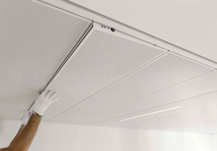 Die Brandschutzunterdecke „LMD F30 TIPmotion“ mit der Feuerwiderstandsklasse F30 sorgt für eine sichere Lösung im Falle eines Brandes. Zudem sind die Deckenelemente durch Antippen werkzeuglos zu öffnen und zu verschieben.