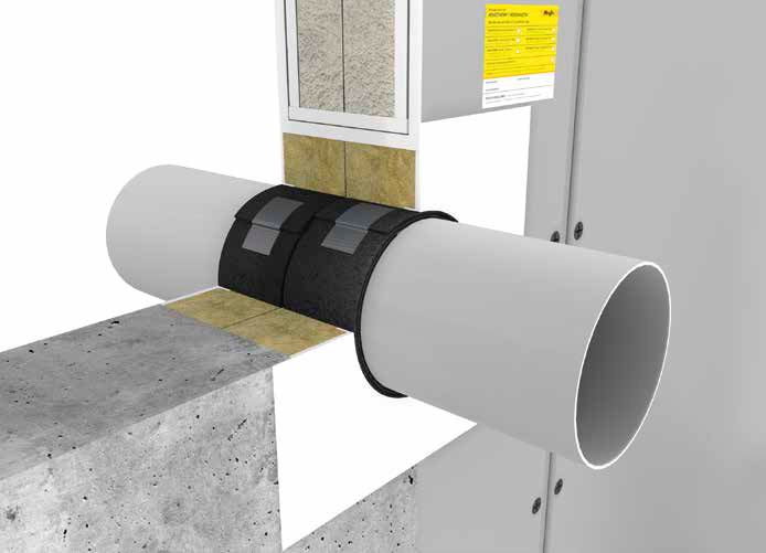 Die endlose Rohrmanschette „Hensotherm 7 KS Gewebe“ kann zur Einzelleitungsabschottung und für die Abschottung brennbarer und nicht brennbarer Rohre eingesetzt werden.