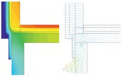 Abb. 1: Auswirkungen einer Wärmebrücke: Temperaturverteilung (links) und Wärmeströme (rechts) im Bereich einer Wärmebrücke am Beispiel „Einbindende Decke in Kelleraußenwand“.