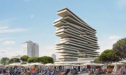 Cervia d‘amare „Cliffside“, Cervia, Milano Marittima: Das, der Gestalt einer Klippe nachempfundene, 16-Etagen-Wohngebäude in Privatbesitz hat eine Nutzfläche von 17 500 m² und entstand im Rahmen eines umfassenden Sanierungsprogramms des aus dem J