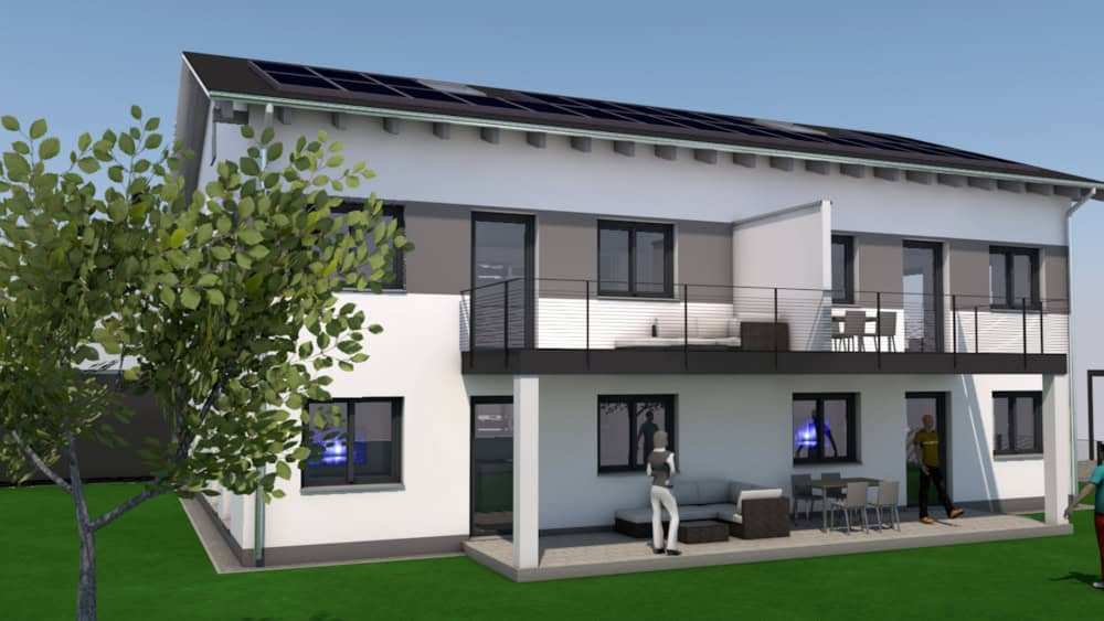 Niedrige Betriebskosten, ein gesundes Raumklima und Lebensqualität kennzeichnen das neue Mehrfamilienhaus in Neumarkt-St. Veit. © Rendering: Loibl planB GmbH