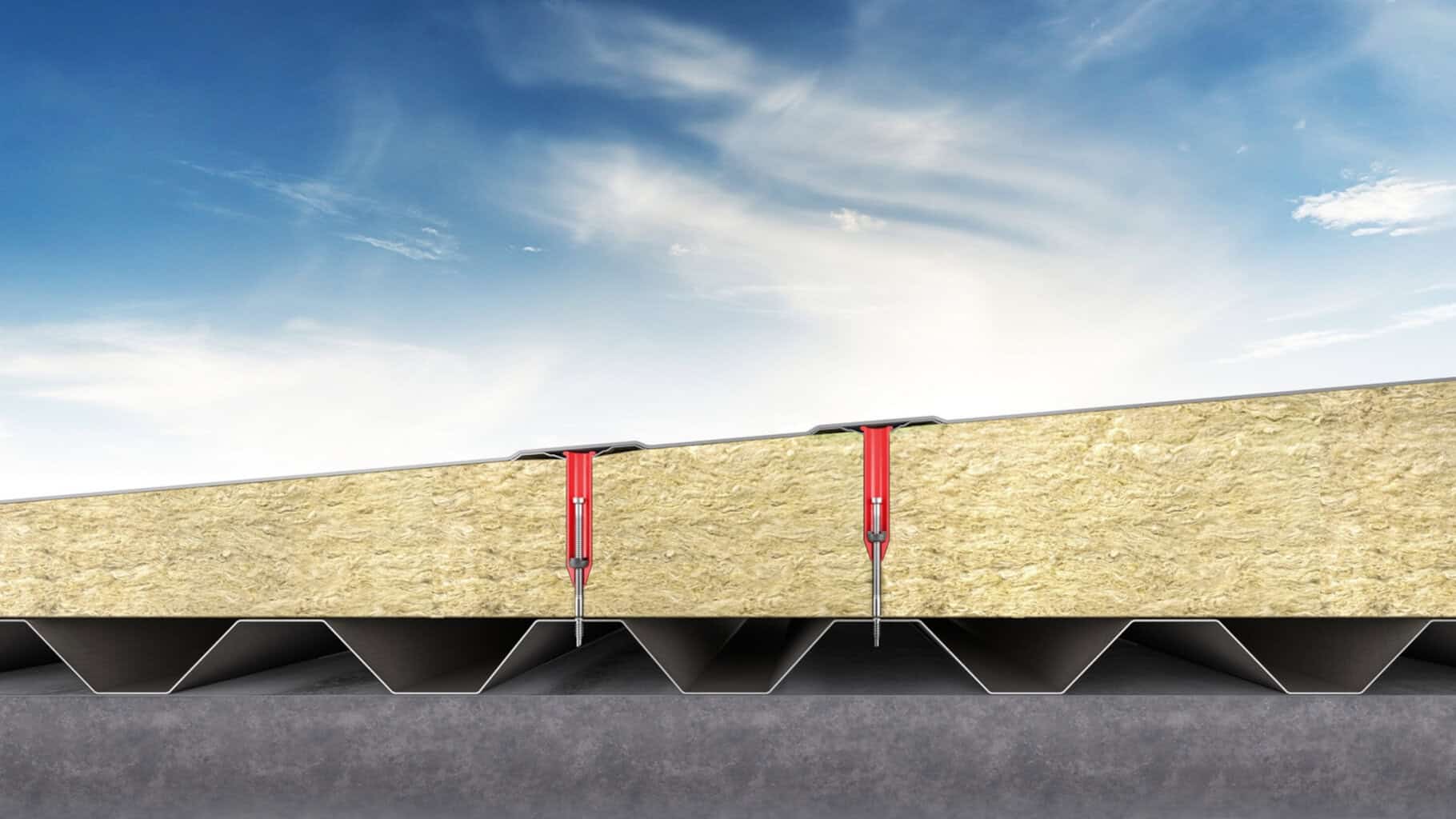 Höhenverstellbar und flexibel einsetzbar – das BSA-Befestigungssystem eignet sich für Flachdächer mit Stahlprofiltafeln und für unterschiedliche Dämmstärken. © SFS