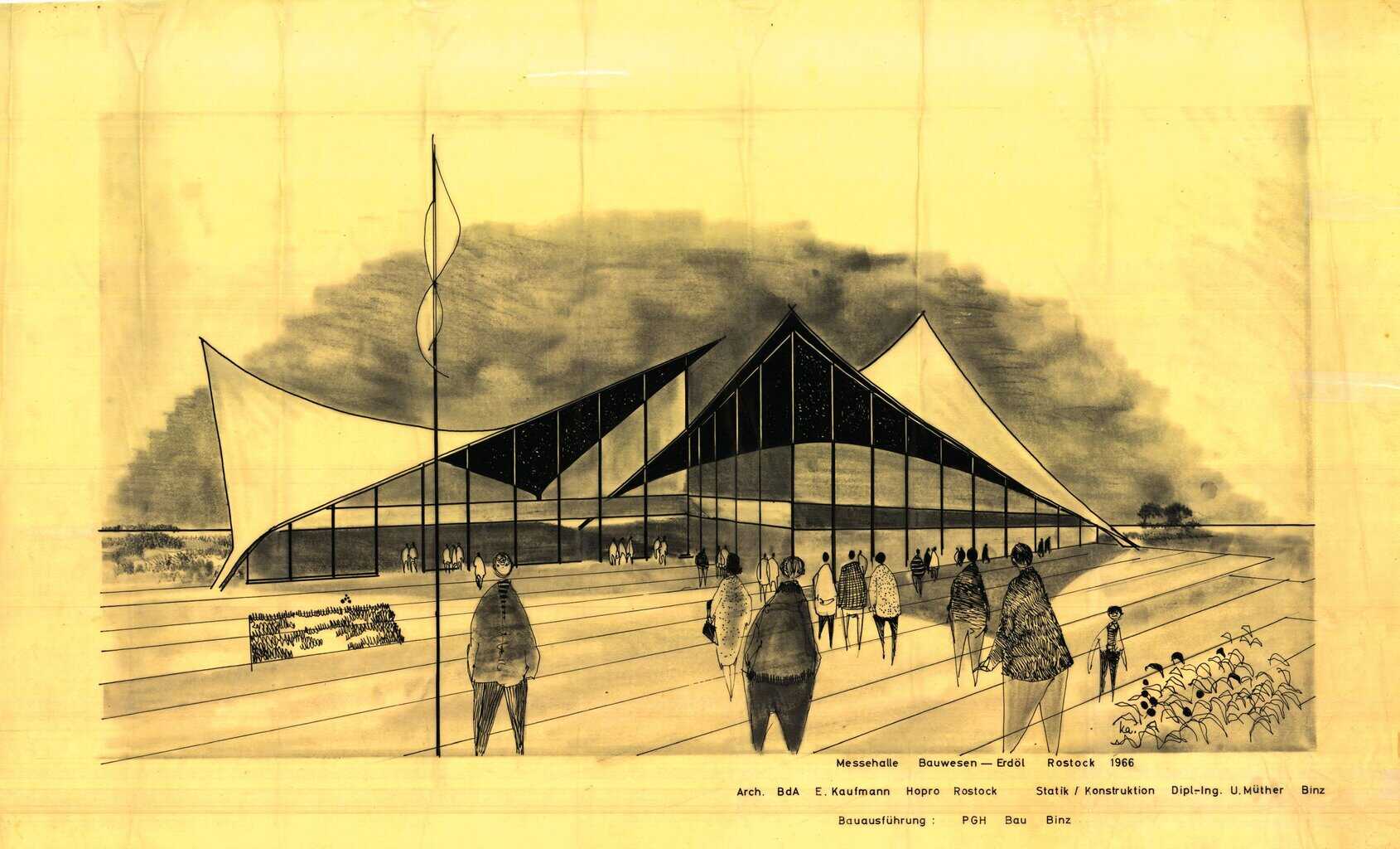 Bild 1. Rostock-Schutow, Messehalle, Zeichnung von Architekt Erich Kaufmann © Müther-Archiv, Hochschule Wismar, Bestand Mü.
