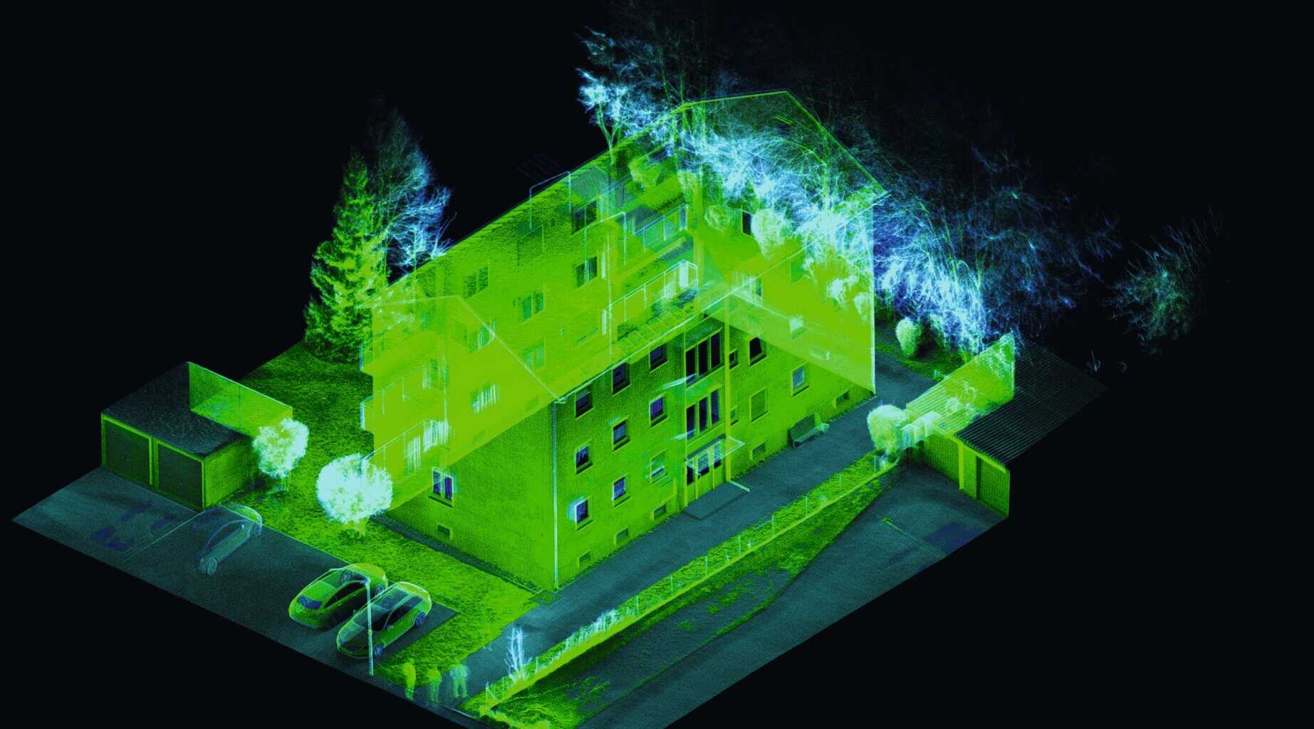 Nachdem die Fassade gescannt ist, liefert der Sto Klimaservice ein Punktwolken-Bild vom Gebäude. In kurzer Zeit liegen hochpräzise Daten für die Sanierungs-Planung vor. Bild: Sto SE & Co. KGaA