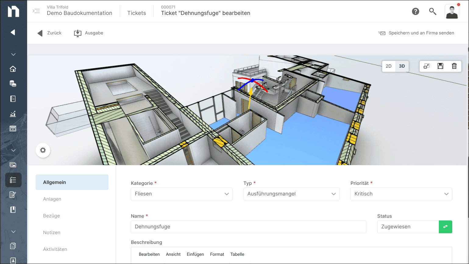 Bauüberwachung in NOVA AVA mit integriertem Aufgaben- und Ticketmanagement. Abrechnungsrelevante Mängel können mit Leistungspositionen des Auftrags-LV und mit dem BIM-Modell verknüpft werden. © NOVA BUILDING IT GmbH