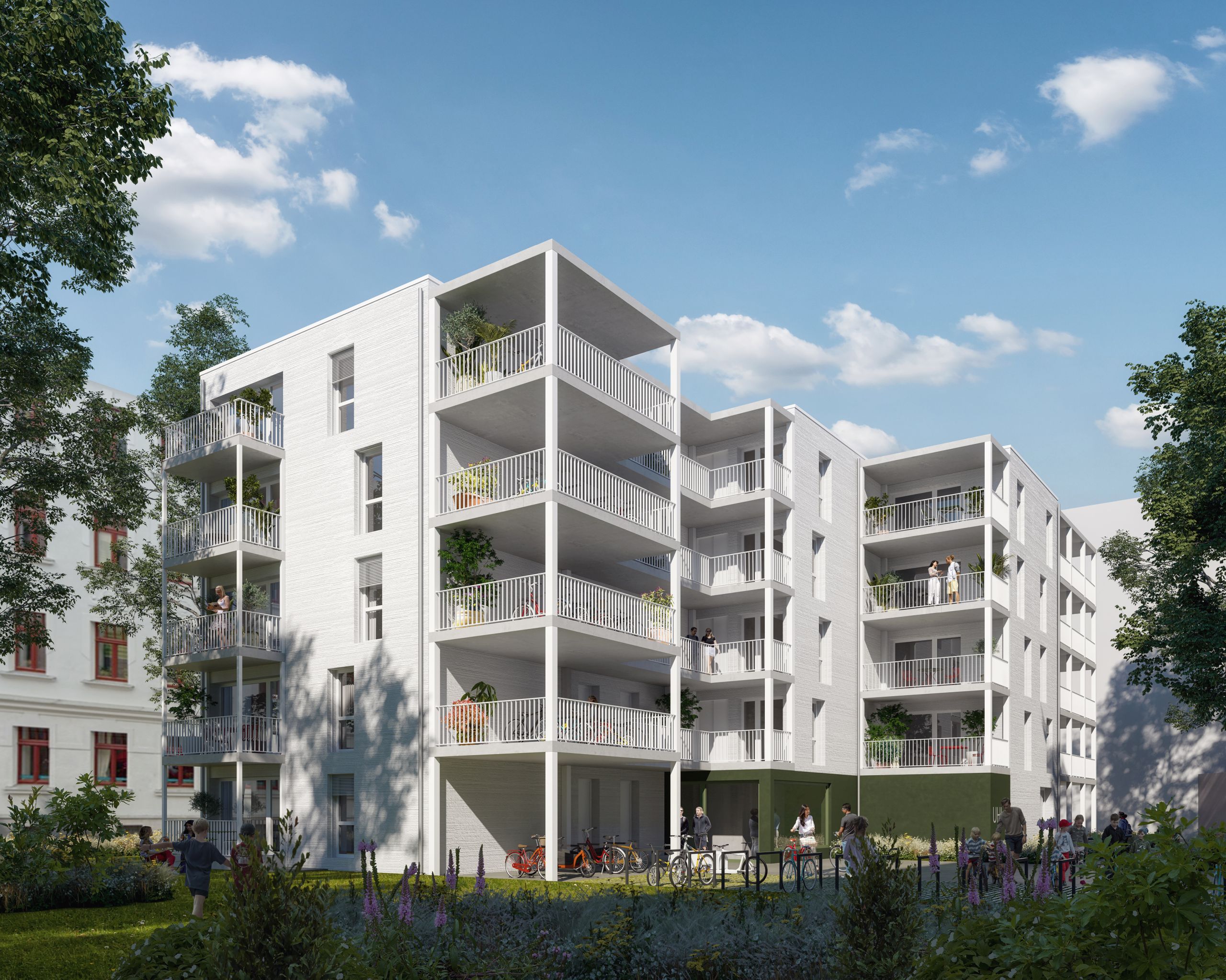 Die Deutsche Investment plante in Berlin-Charlottenburg zwei freistehende Mehrfamilienhäuser mit insgesamt 70 Wohneinheiten im großen Innenhof eines Wohnquartiers. Jede Wohnung hat einen privaten Balkon oder eine Terrasse. © Deutsche Investment Kapitalverwaltung AG