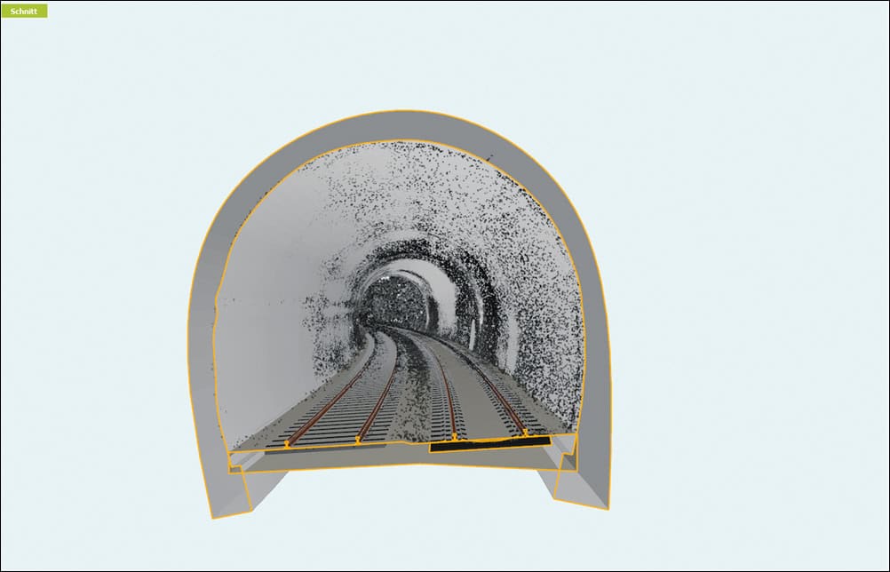Die Innenseite der Tunnel lässt sich hochpräzise per Laserscan erfassen. Die dabei erzeugte Punktwolke umfasst rund 800 Millionen Punkte. Erdseitig stehen dem lediglich zwei Dutzend Erkundungsbohrungen gegenüber. © Krebs+Kiefer Ingenieure GmbH