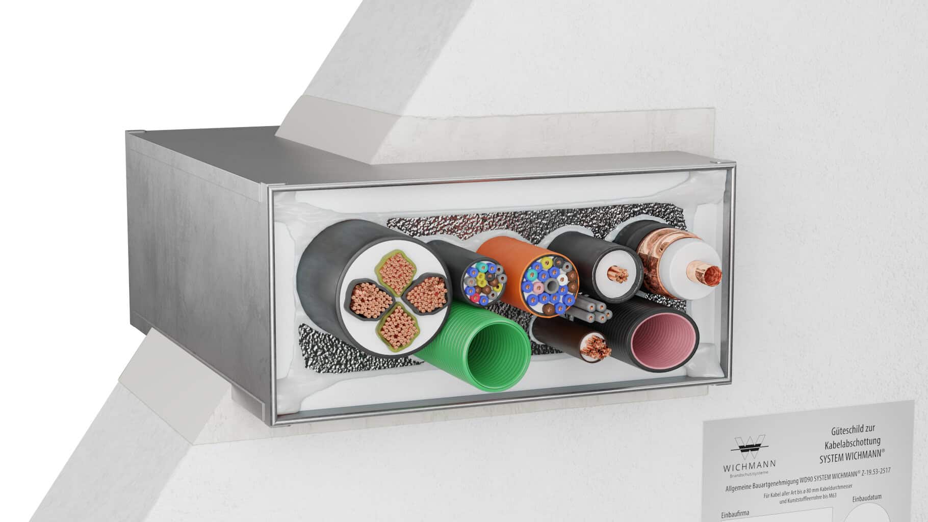 Eine Wichmann-Kabelbox kann alle Kunststoffleerrohre nach DIN EN 61386 bis zu einem Durchmesser von 63 Millimetern abschotten. © Wichmann Brandschutzsysteme GmbH & Co. KG