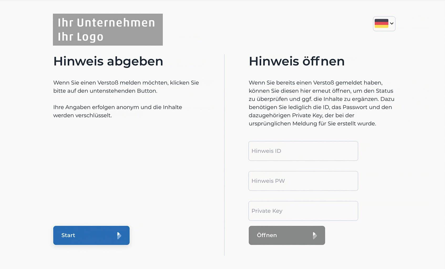 Beispiel für eine fertige Meldeseite (Individualisierung durch Farben und Logo des jeweiligen Unternehmens), Quelle: Ingenieurkammer RLP Info: https://www.ing-rlp.de/service/meldestelle-hinweisgeberschutzg.html