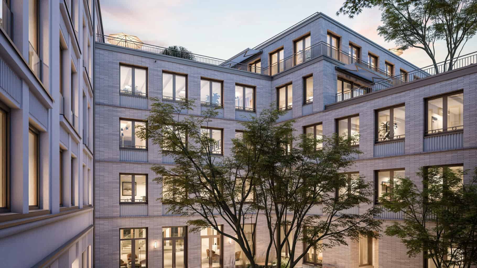 Neubau und Aufstockung in Altstadt-Lehel: Hochwertige Büros, eine nachhaltige Planung und die DGNB-Gold-Zertifizierung stehen im Fokus. © Landau + Kindelbacher