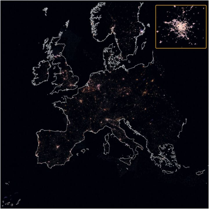 Karte von Europa bei Nacht – der Ausschnitt oben rechts zeigt vergrößert Paris. Zusammengesetzt aus Aufnahmen von der internationalen Raumstation 2014 bis 2020. Sichtbar ist eine deutliche Zunahme der Lichtverschmutzung in städtischen Gebieten und eine Verschiebung in Richtung weißer und blauer Emissionen, die durch die LED-Technologie hervorgerufen wird. Quelle: ESA/NASA/A. Sánchez de Miguel
