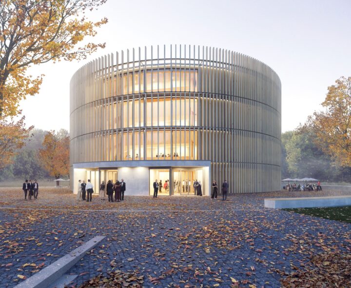 Bild 1: Visualisierung des viergeschossigen „Globe Theaters“. Der Eingangsbereich zeigt sich hell erleuchtet und öffnet sich innen nach oben über alle Geschosse. Für den Blick von innen nach außen hat man die Abstände der Lamellen der Fassade groß gewählt. © yos.ch Visualisierungen