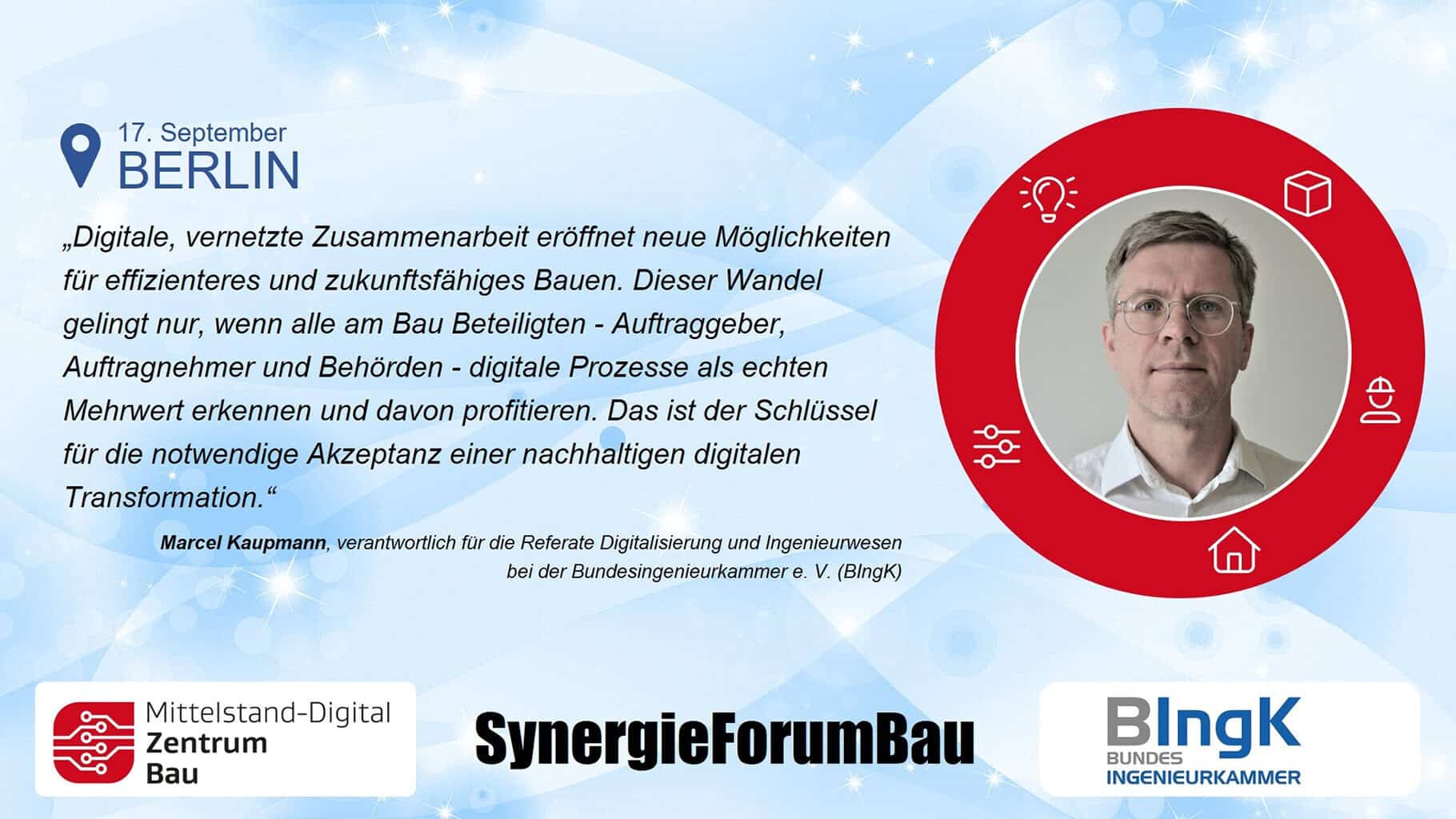Marcel Kaupmann, Bundesingenieurkammer, auf dem SynergieForumBau © Pixabay/Mittelstand-Digital Zentrum Bau